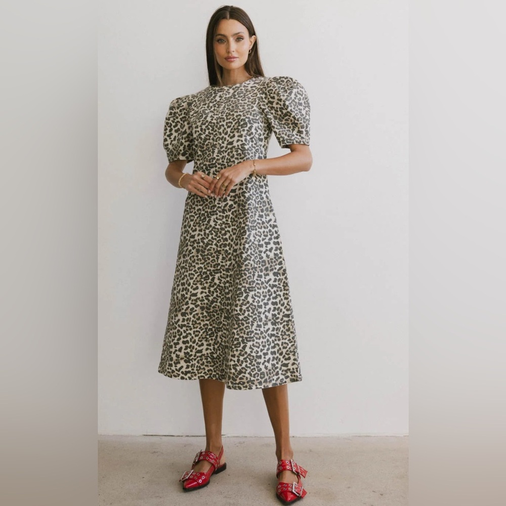 Bohme Leopard Print Puff Sleeve Denim Midi Dress